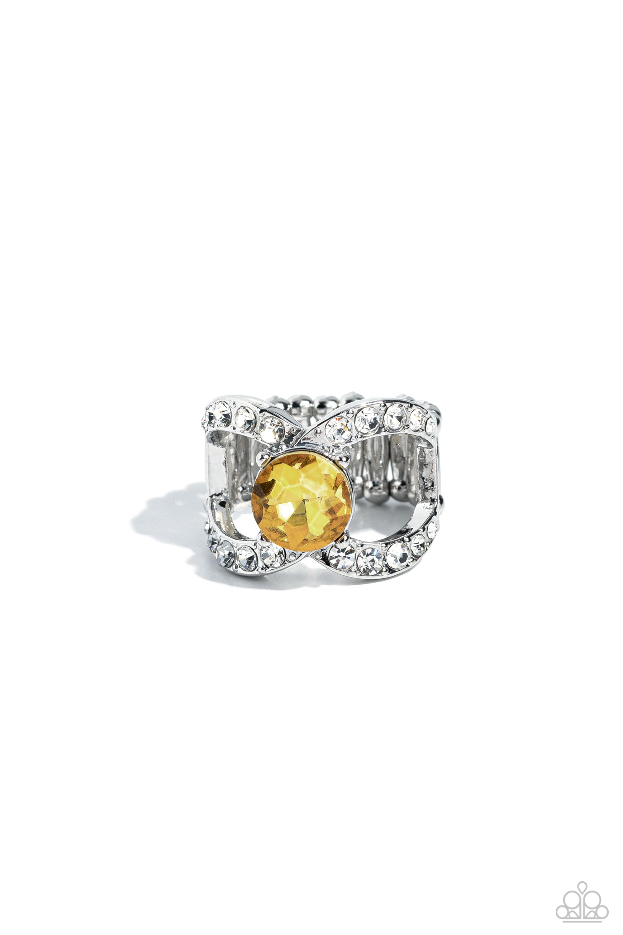 Bow Chicka Bow Wow Yellow Rhinestone Ring - Paparazzi Accessories- lightbox - CarasShop.com - $5 Jewelry by Cara Jewels