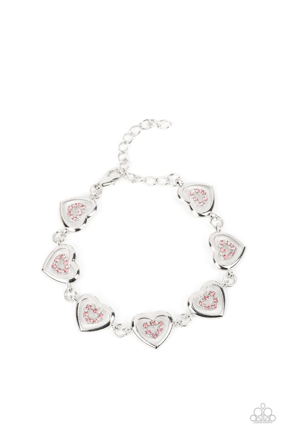 Catching Feelings Pink Rhinestone Heart Bracelet - Paparazzi Accessories- lightbox - CarasShop.com - $5 Jewelry by Cara Jewels