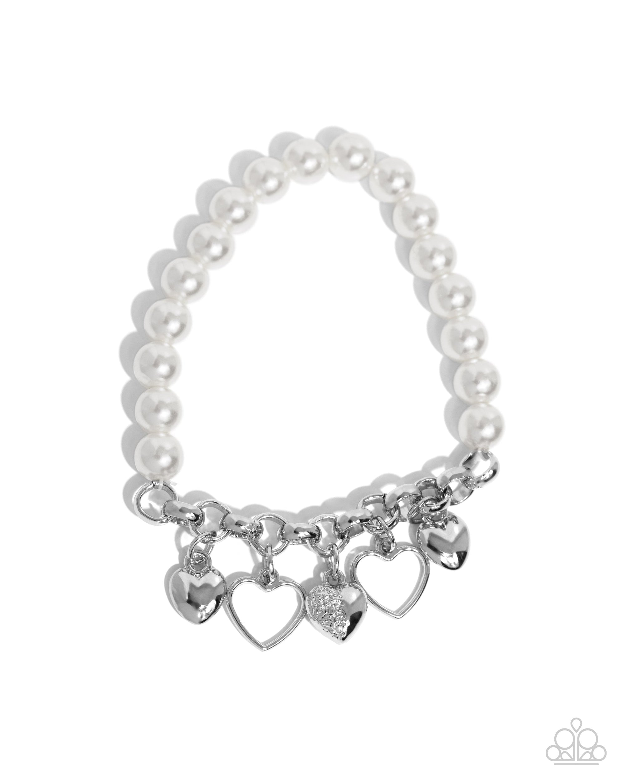 Charming Candidate White Pearl and Heart Charm Bracelet - Paparazzi Accessories- lightbox - CarasShop.com - $5 Jewelry by Cara Jewels