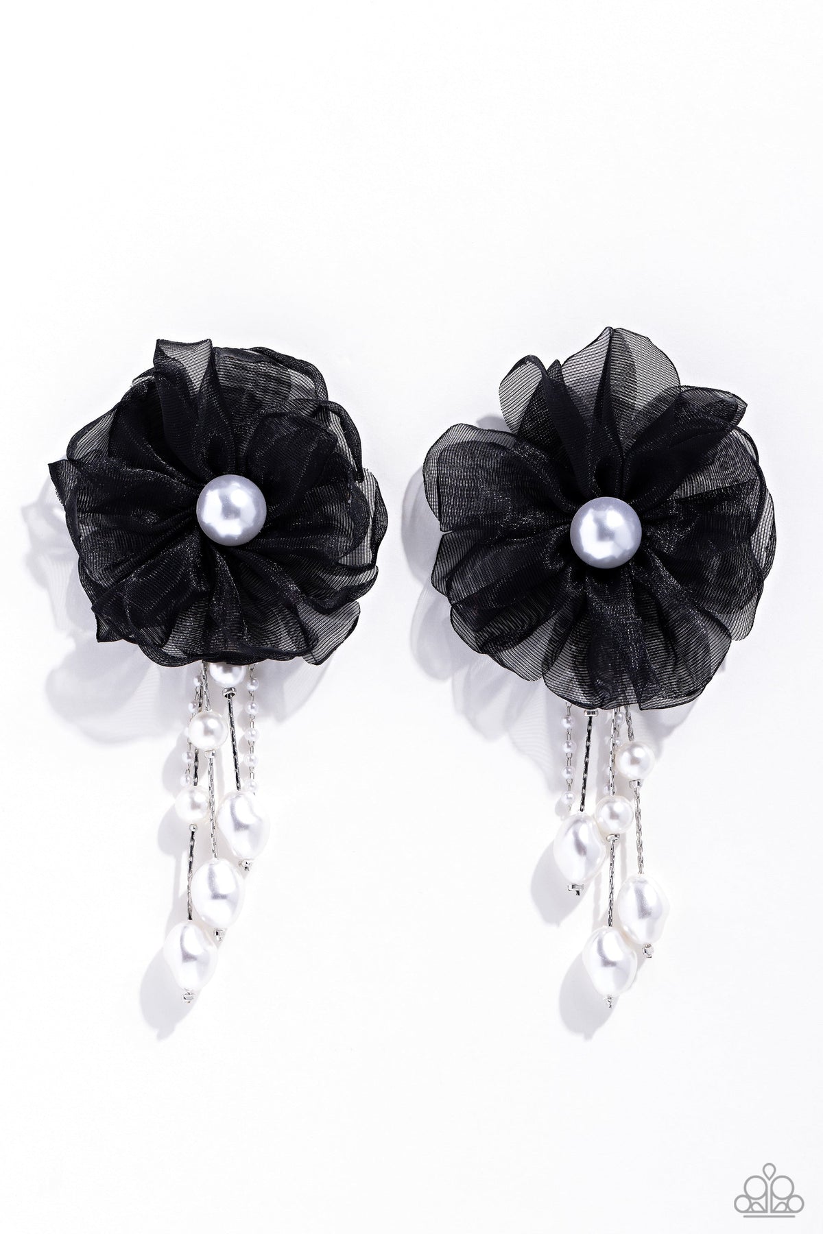 Dipping in Decadence Black Silk &amp; White Pearl Earrings - Paparazzi Accessories- lightbox - CarasShop.com - $5 Jewelry by Cara Jewels