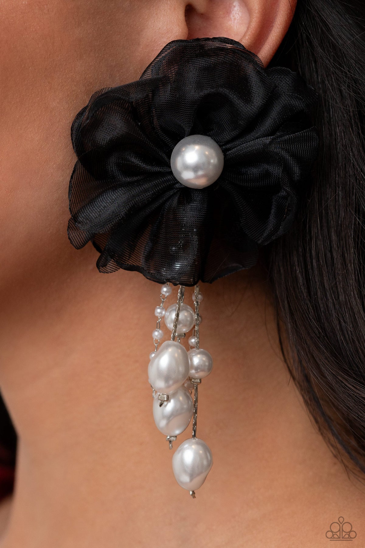 Dipping in Decadence Black Silk &amp; White Pearl Earrings - Paparazzi Accessories-on model - CarasShop.com - $5 Jewelry by Cara Jewels