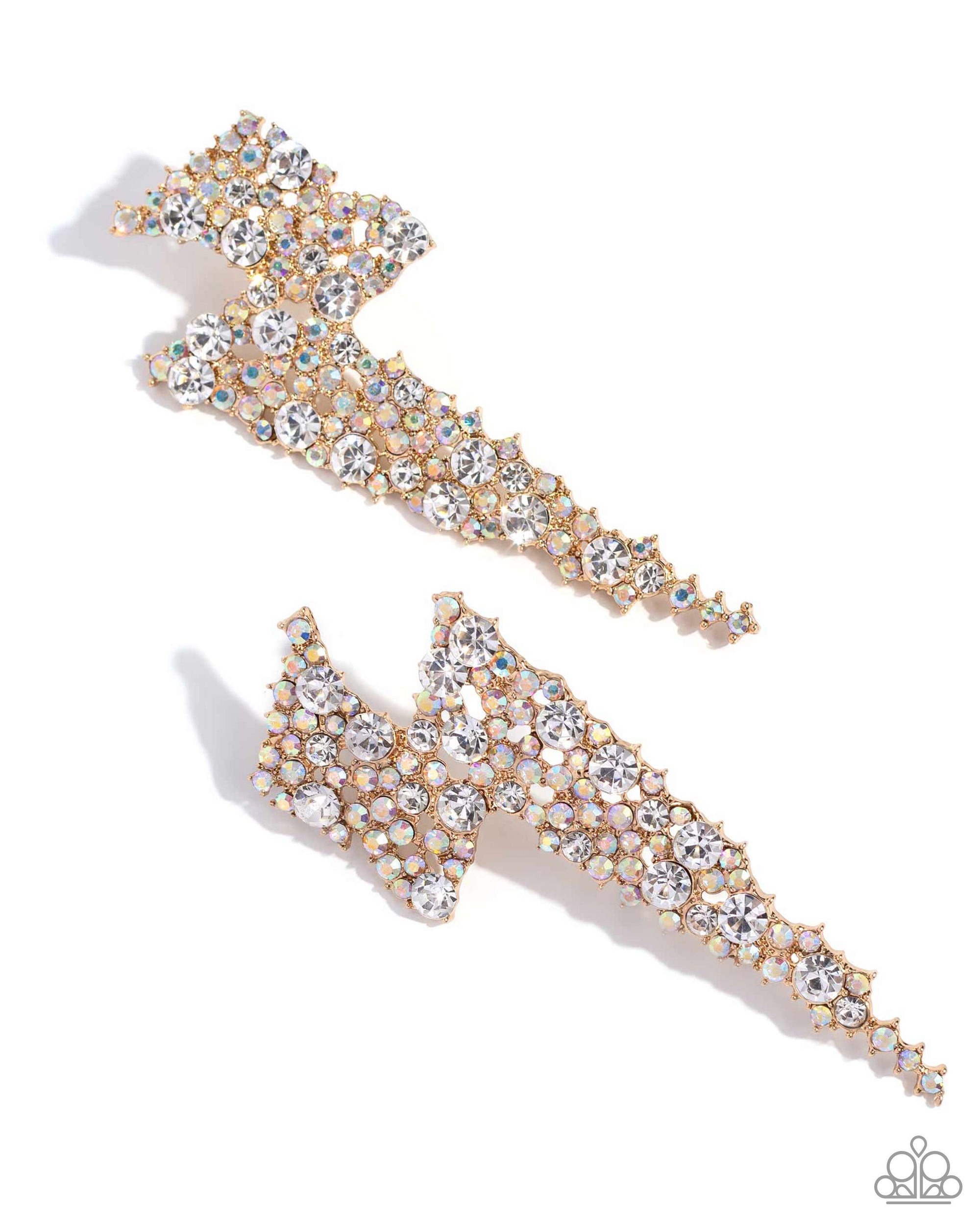 Electric Effulgence Gold & White Rhinestone Earrings - Paparazzi Accessories- lightbox - CarasShop.com - $5 Jewelry by Cara Jewels