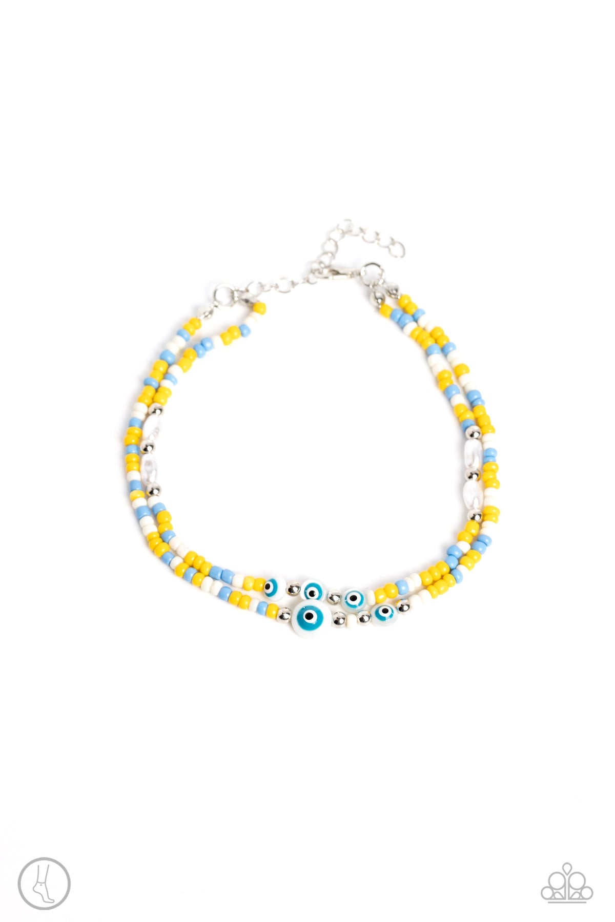Enchanting Energy Yellow, Blue &amp; White Seed Bead Anklet - Paparazzi Accessories- lightbox - CarasShop.com - $5 Jewelry by Cara Jewels