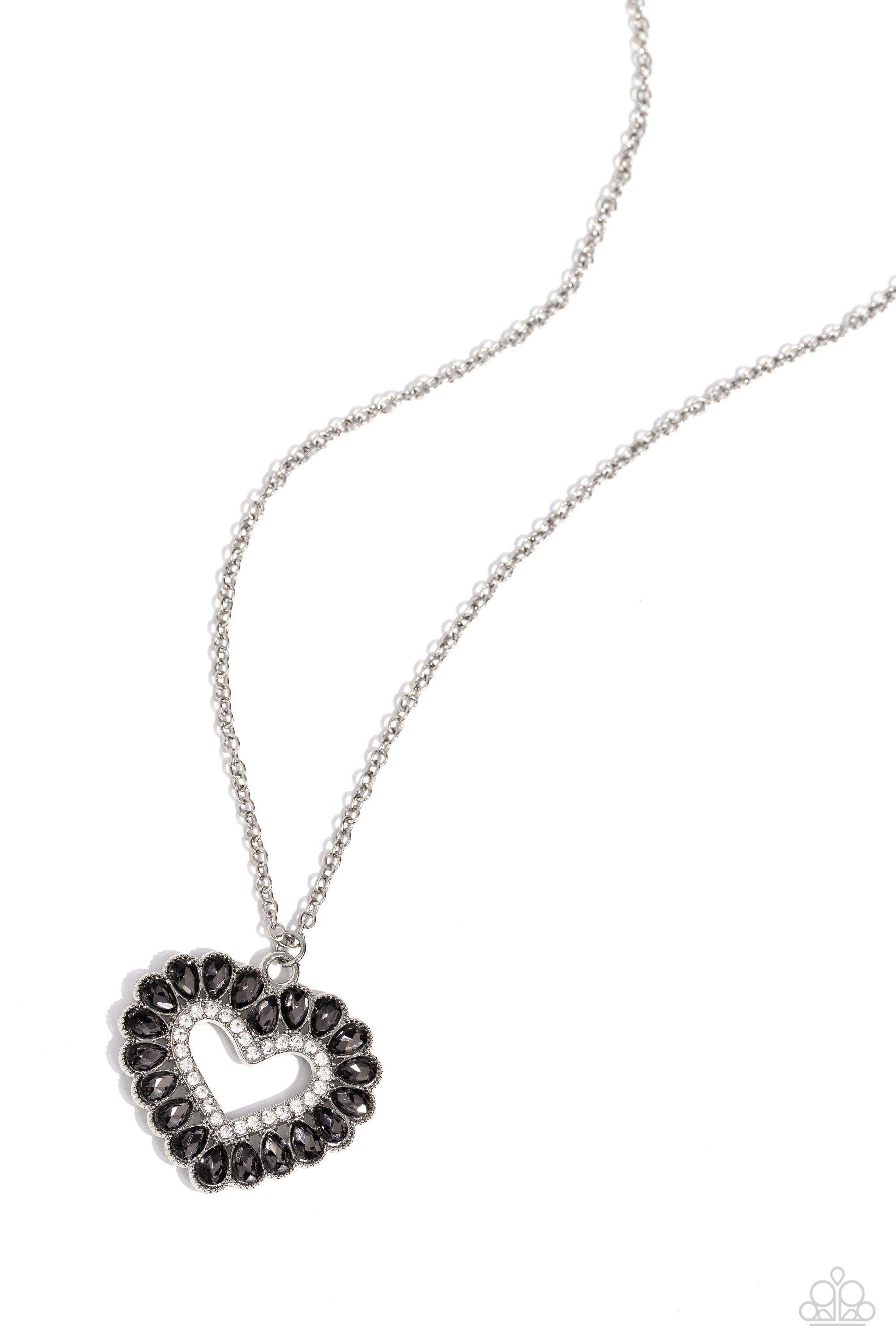 FLIRT No More Silver & White Rhinestone Heart Necklace - Paparazzi Accessories- lightbox - CarasShop.com - $5 Jewelry by Cara Jewels