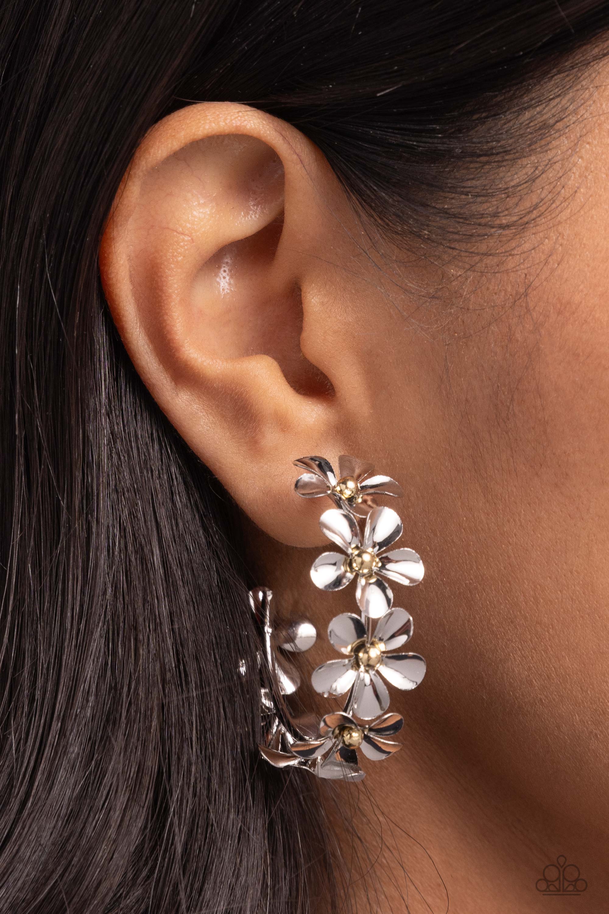 Floral Flamenco Silver Flower Hoop Earrings - Paparazzi Accessories-on model - CarasShop.com - $5 Jewelry by Cara Jewels