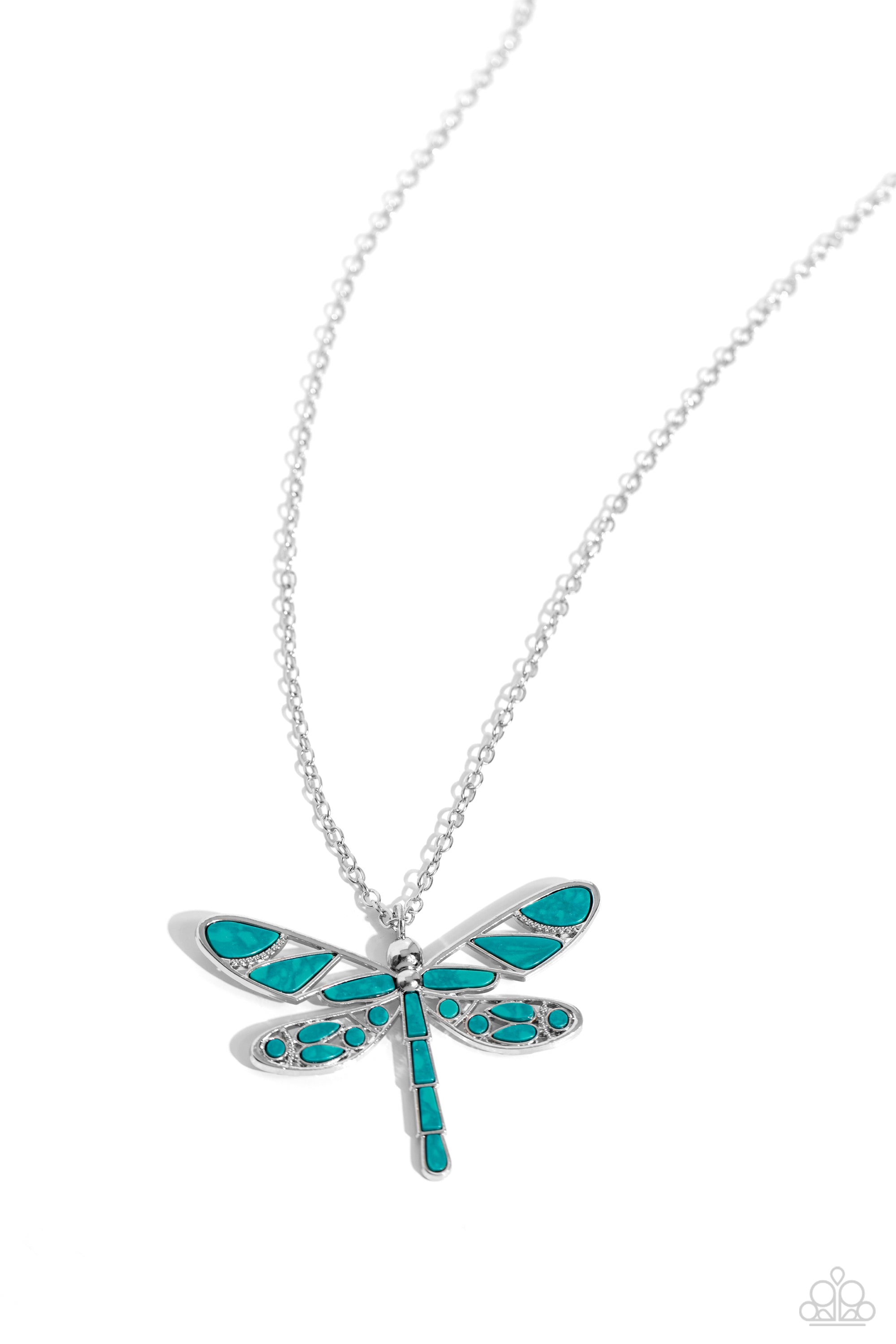 FLYING Low Teal Green Stone Dragonfly Necklace - Paparazzi Accessories- lightbox - CarasShop.com - $5 Jewelry by Cara Jewels
