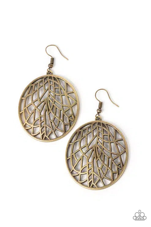 Fractured Foliage Brass Earrings - Paparazzi Accessories- lightbox - CarasShop.com - $5 Jewelry by Cara Jewels