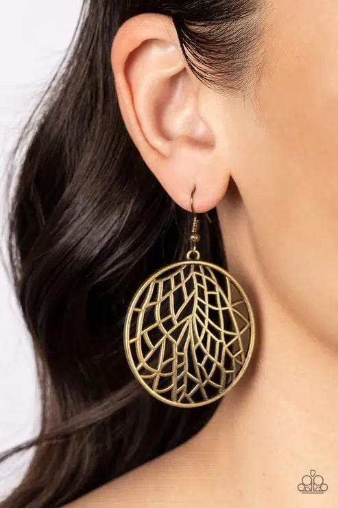Fractured Foliage Brass Earrings - Paparazzi Accessories- lightbox - CarasShop.com - $5 Jewelry by Cara Jewels