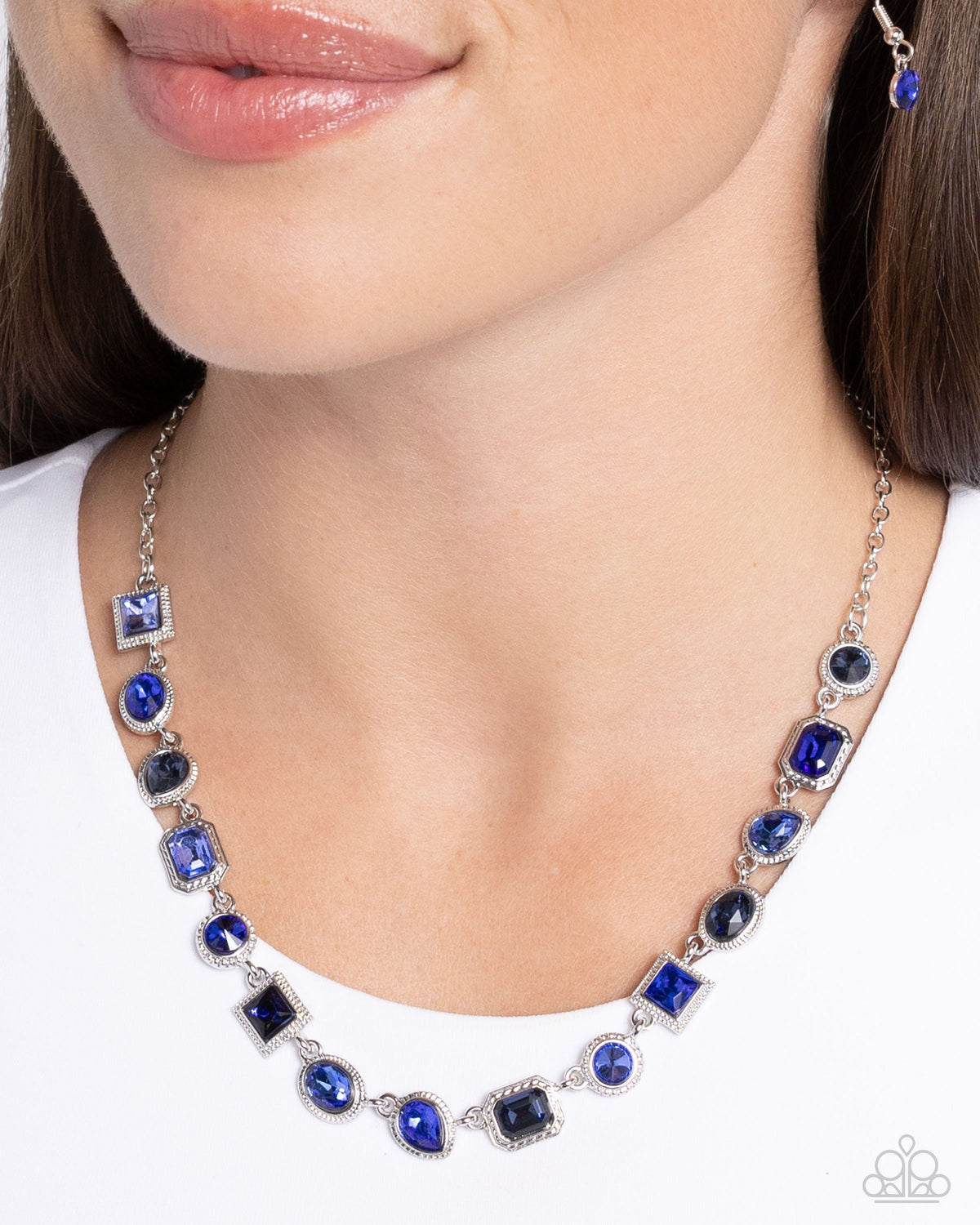 Gallery Glam Blue Rhinestone Necklace - Paparazzi Accessories-on model - CarasShop.com - $5 Jewelry by Cara Jewels