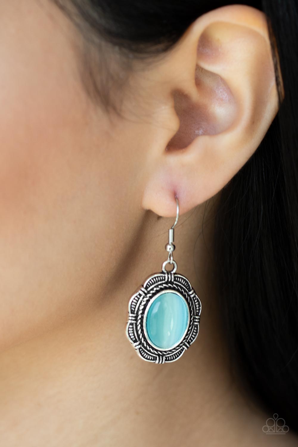Garden Party Perfection Blue Cat's Eye Stone Earrings - Paparazzi Accessories- lightbox - CarasShop.com - $5 Jewelry by Cara Jewels
