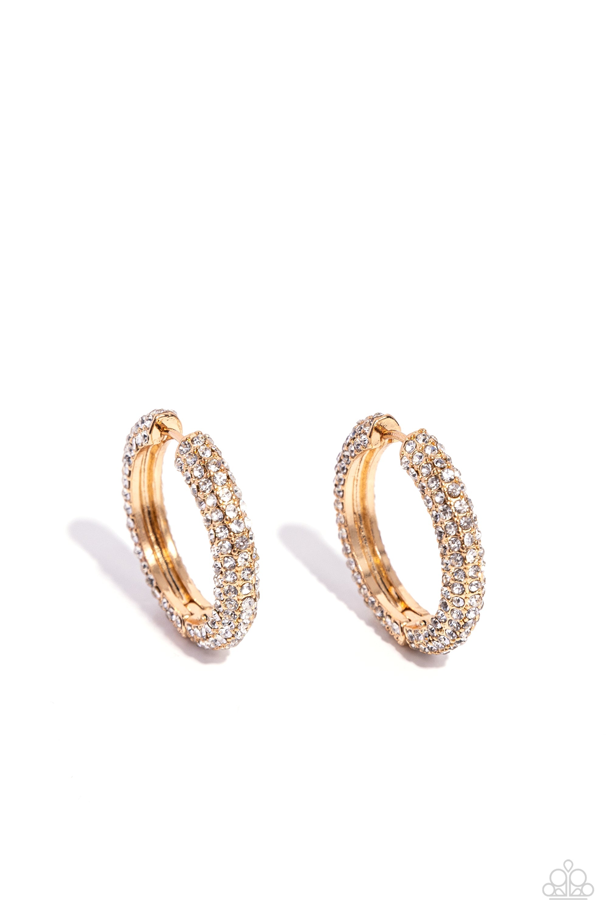 Glowing Praise Gold & White Rhinestone Hoop Earrings - Paparazzi Accessories- lightbox - CarasShop.com - $5 Jewelry by Cara Jewels
