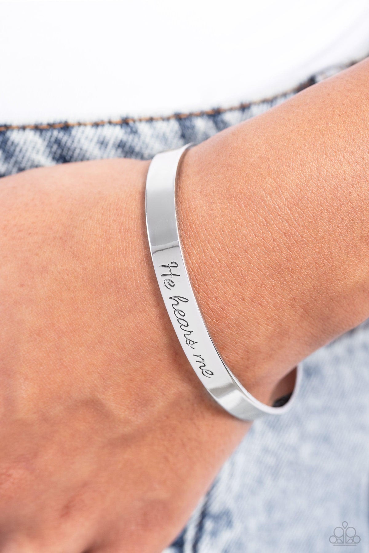 He Hears Silver Inspirational Cuff Bracelet - Paparazzi Accessories-on model - CarasShop.com - $5 Jewelry by Cara Jewels