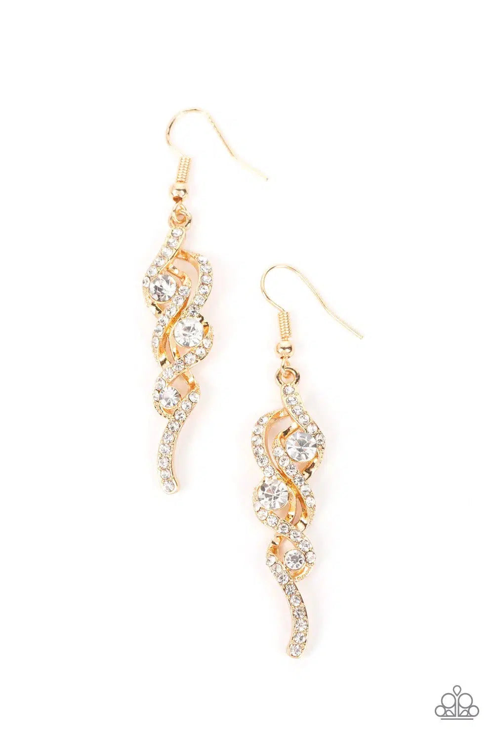 Highly Flammable Gold & White Rhinestone Earrings - Paparazzi Accessories- lightbox - CarasShop.com - $5 Jewelry by Cara Jewels