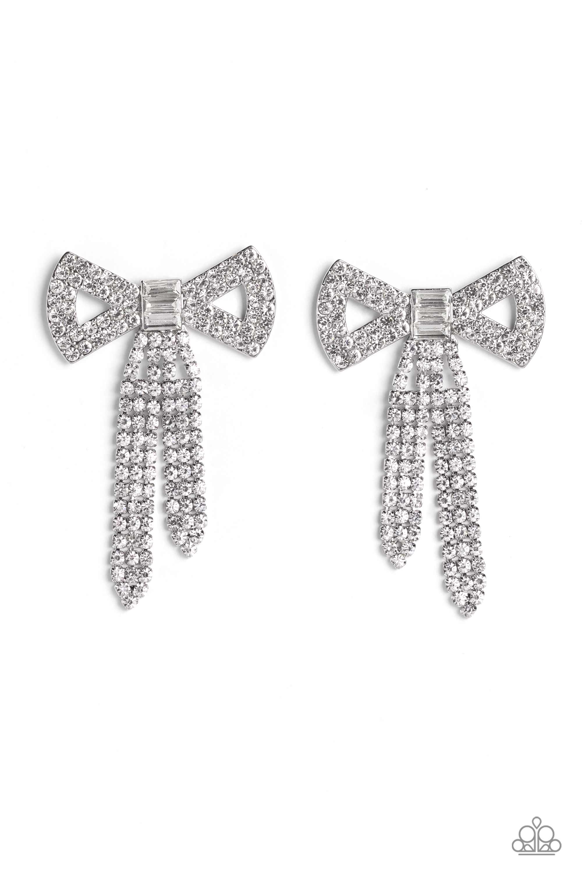 Just BOW With It White Rhinestone Earrings - Paparazzi Accessories- lightbox - CarasShop.com - $5 Jewelry by Cara Jewels
