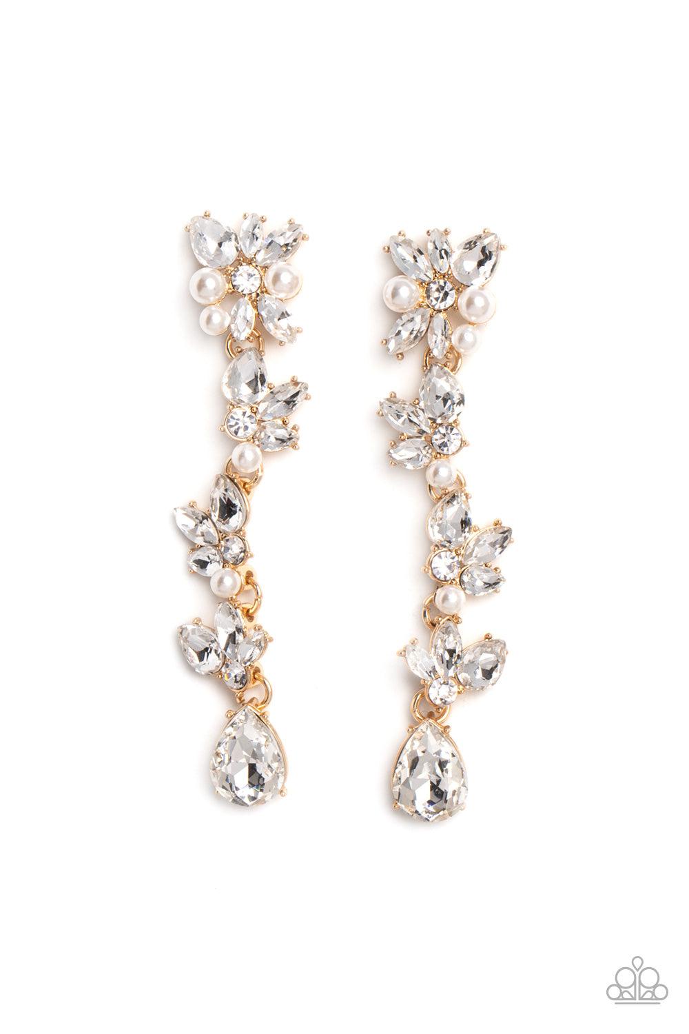 LIGHT at the Opera Gold and White Rhinestone &amp; Pearl Earrings - Paparazzi Accessories- lightbox - CarasShop.com - $5 Jewelry by Cara Jewels