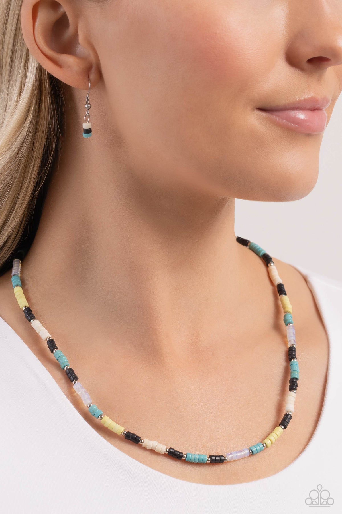 Oasis Outline Black, Yellow &amp; Blue Stone Necklace - Paparazzi Accessories-on model - CarasShop.com - $5 Jewelry by Cara Jewels