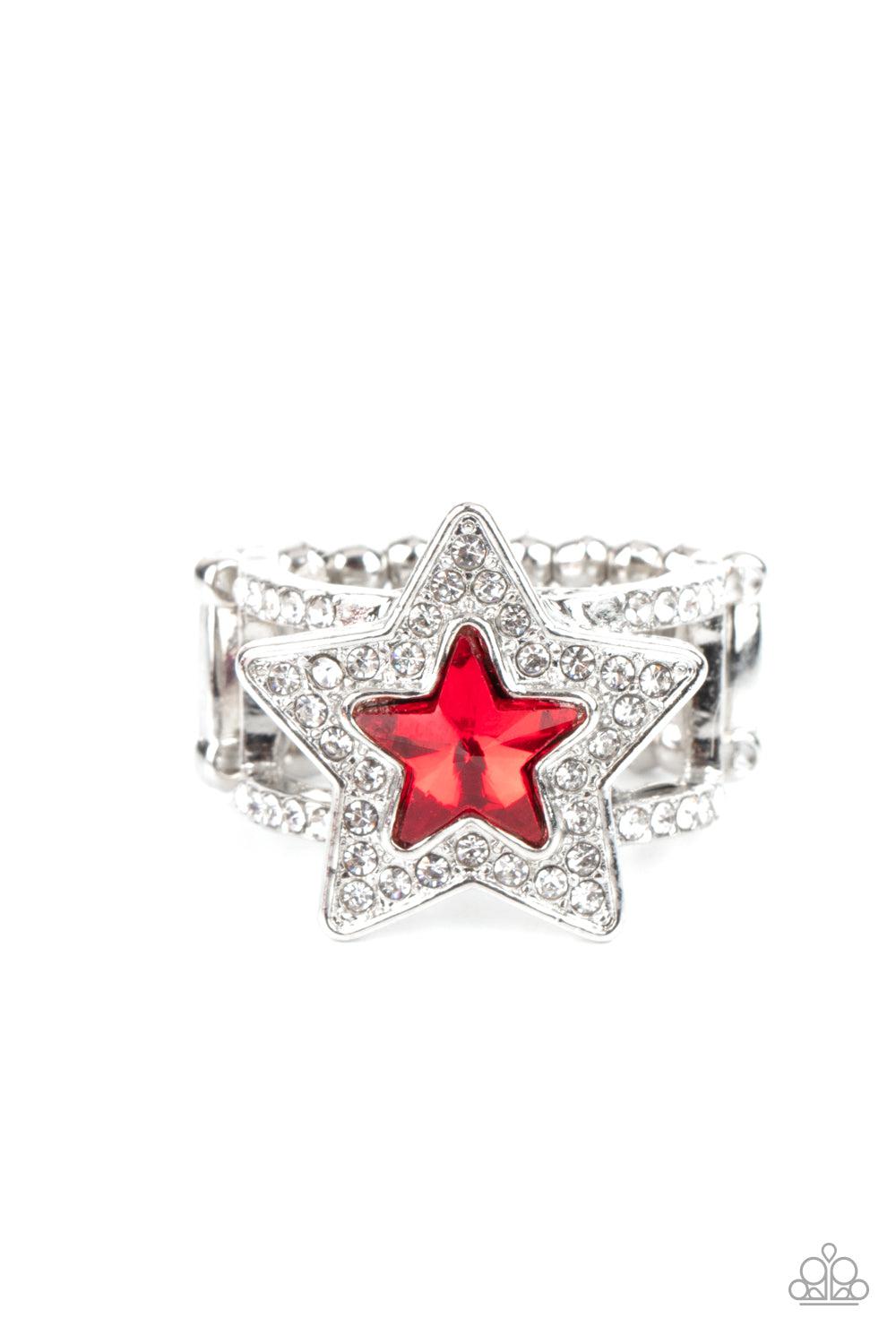 One Nation Under Sparkle Red Rhinestone Star Ring - Paparazzi Accessories- lightbox - CarasShop.com - $5 Jewelry by Cara Jewels