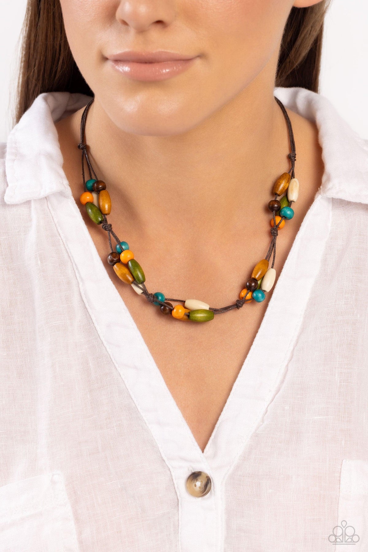 Outback Epic Multi Brown &amp; Green Wood Urban Necklace - Paparazzi Accessories-on model - CarasShop.com - $5 Jewelry by Cara Jewels