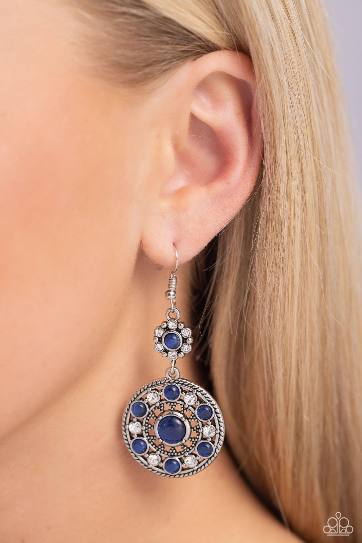 Party at My PALACE Blue Cat&#39;s Eye Stone Earrings - Paparazzi Accessories-on model - CarasShop.com - $5 Jewelry by Cara Jewels