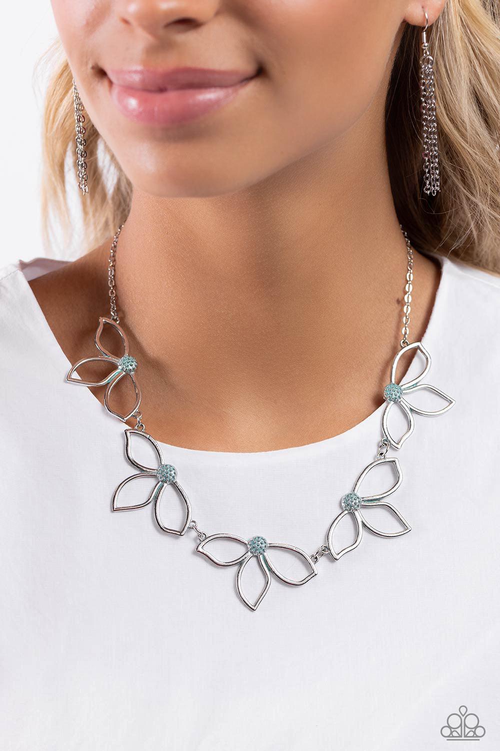 Petal Pageantry Blue &amp; Silver Floral Necklace - Paparazzi Accessories-on model - CarasShop.com - $5 Jewelry by Cara Jewels