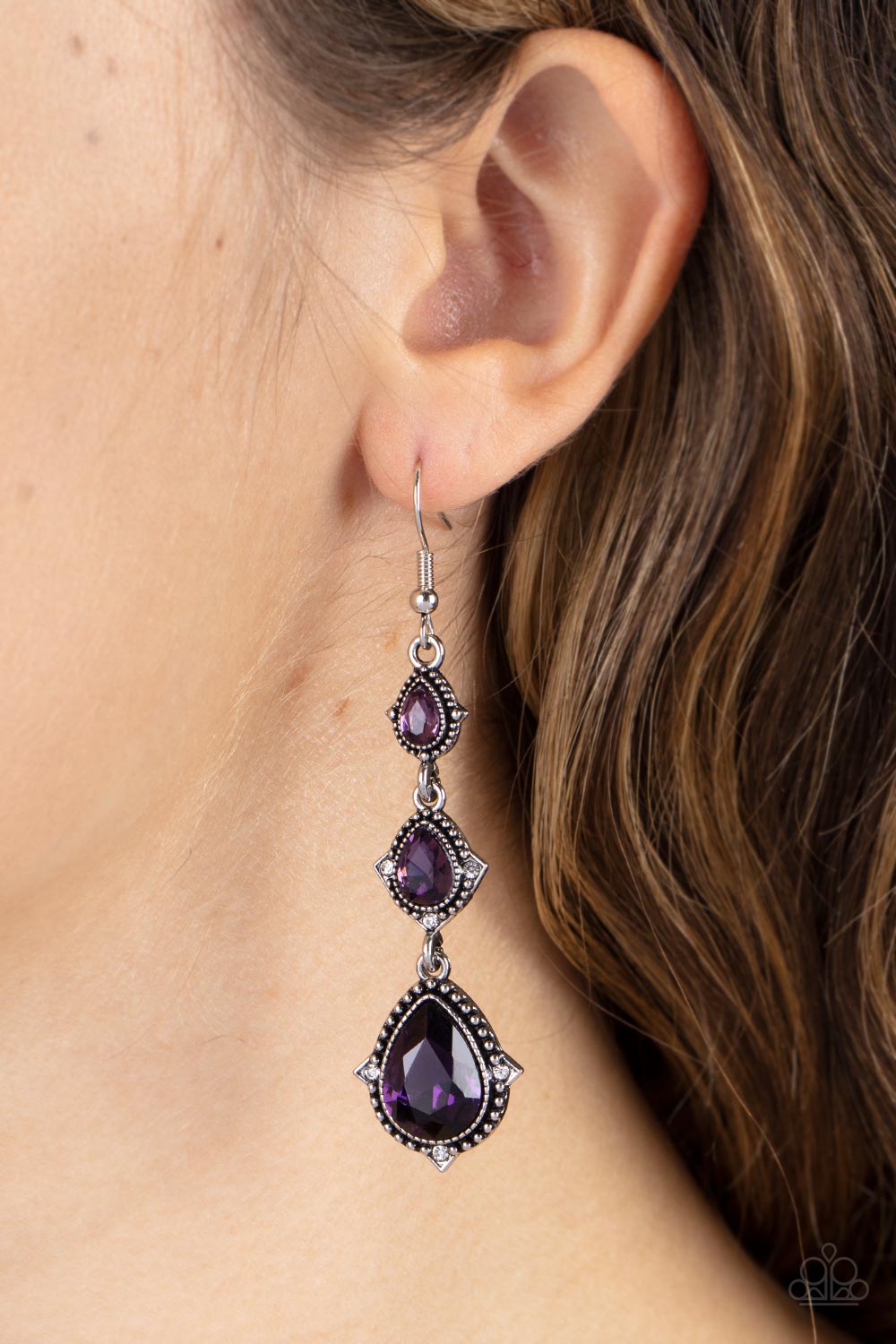 Prague Princess Purple Rhinestone Earrings - Paparazzi Accessories-on model - CarasShop.com - $5 Jewelry by Cara Jewels