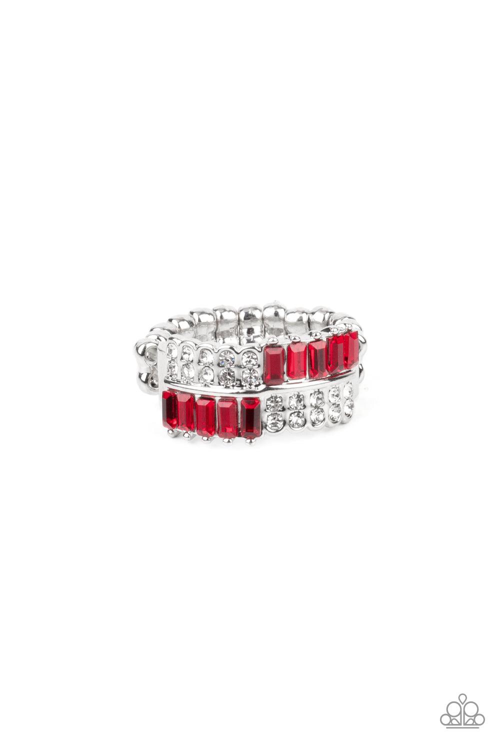 Put Them in Check Red & White Rhinestone Ring - Paparazzi Accessories- lightbox - CarasShop.com - $5 Jewelry by Cara Jewels