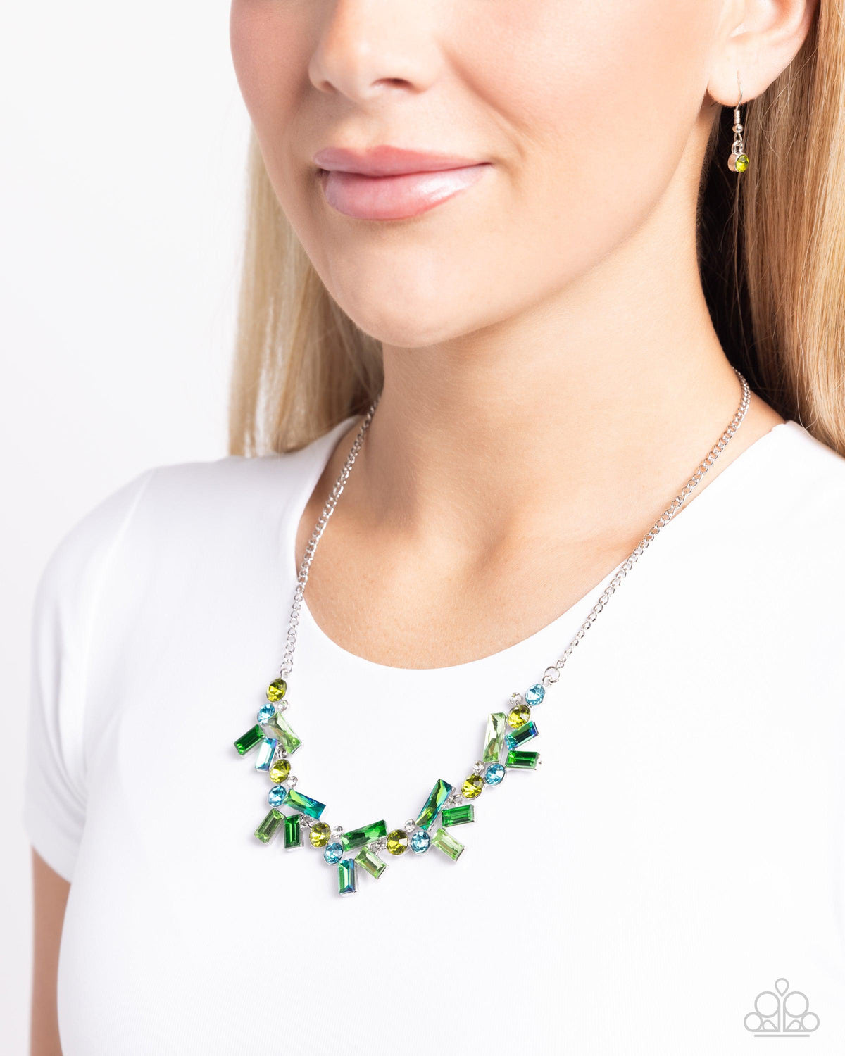 Serene Statement Green Rhinestone Necklace - Paparazzi Accessories-on model - CarasShop.com - $5 Jewelry by Cara Jewels