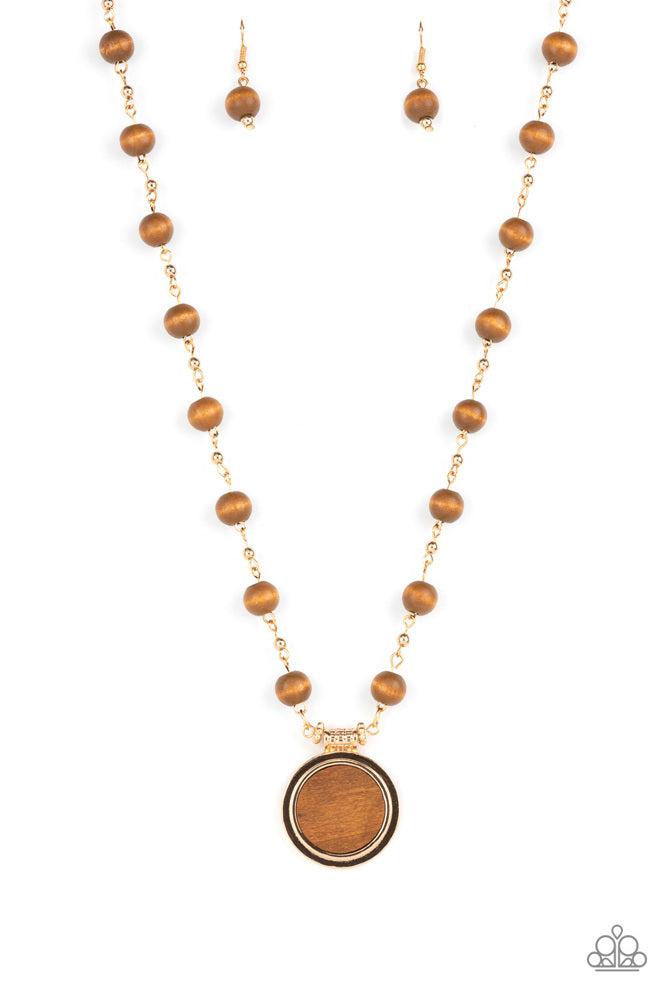 Soulful Sunrise Gold &amp; Wood Necklace - Paparazzi Accessories- lightbox - CarasShop.com - $5 Jewelry by Cara Jewels