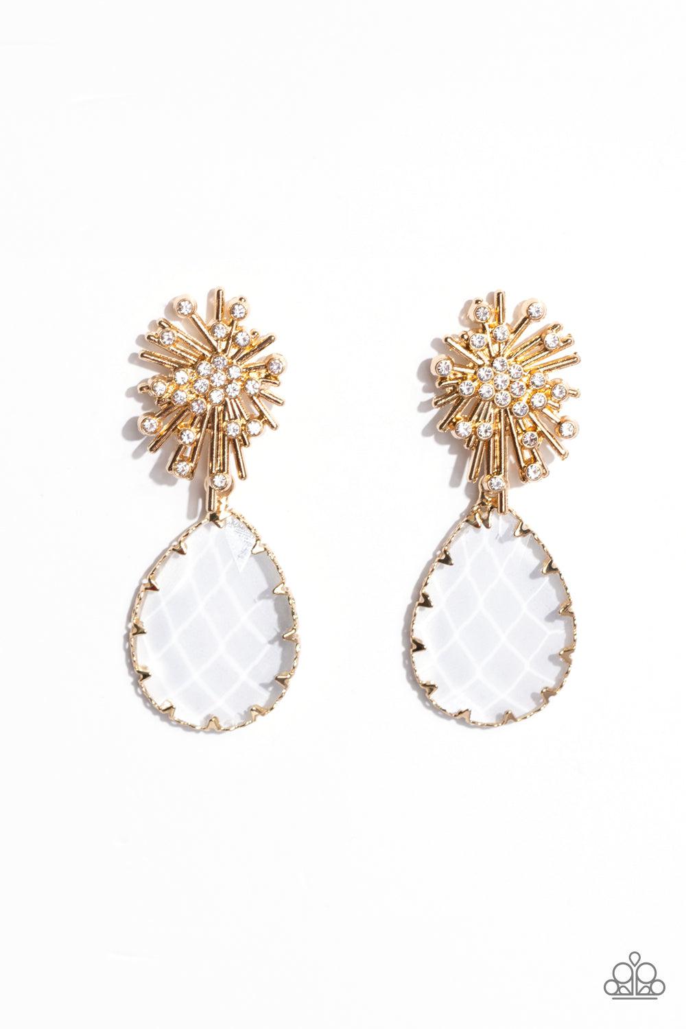 Stellar Shooting Star Gold &amp; White Gem Earrings - Paparazzi Accessories- lightbox - CarasShop.com - $5 Jewelry by Cara Jewels