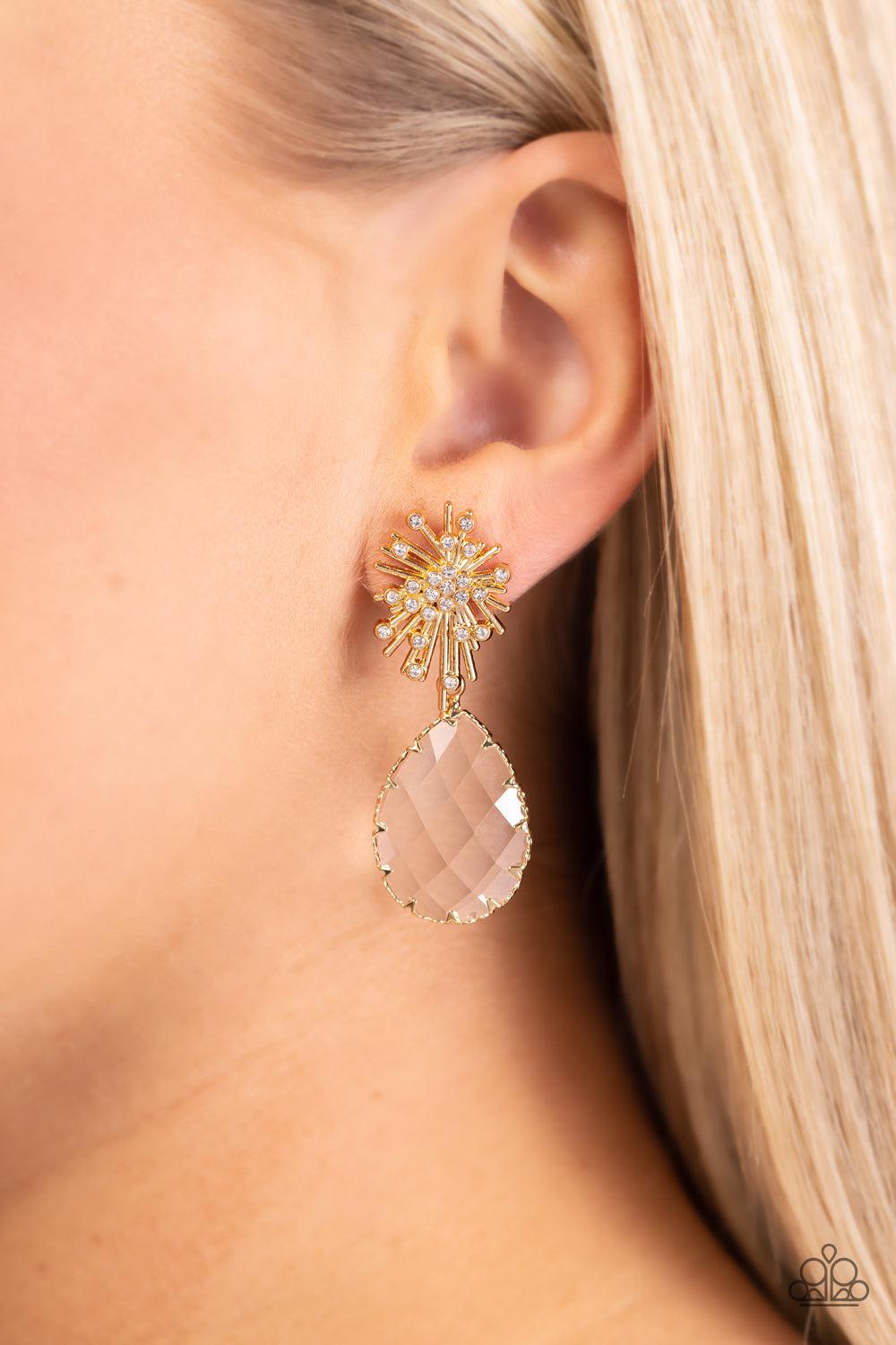 Stellar Shooting Star Gold &amp; White Gem Earrings - Paparazzi Accessories-on model - CarasShop.com - $5 Jewelry by Cara Jewels