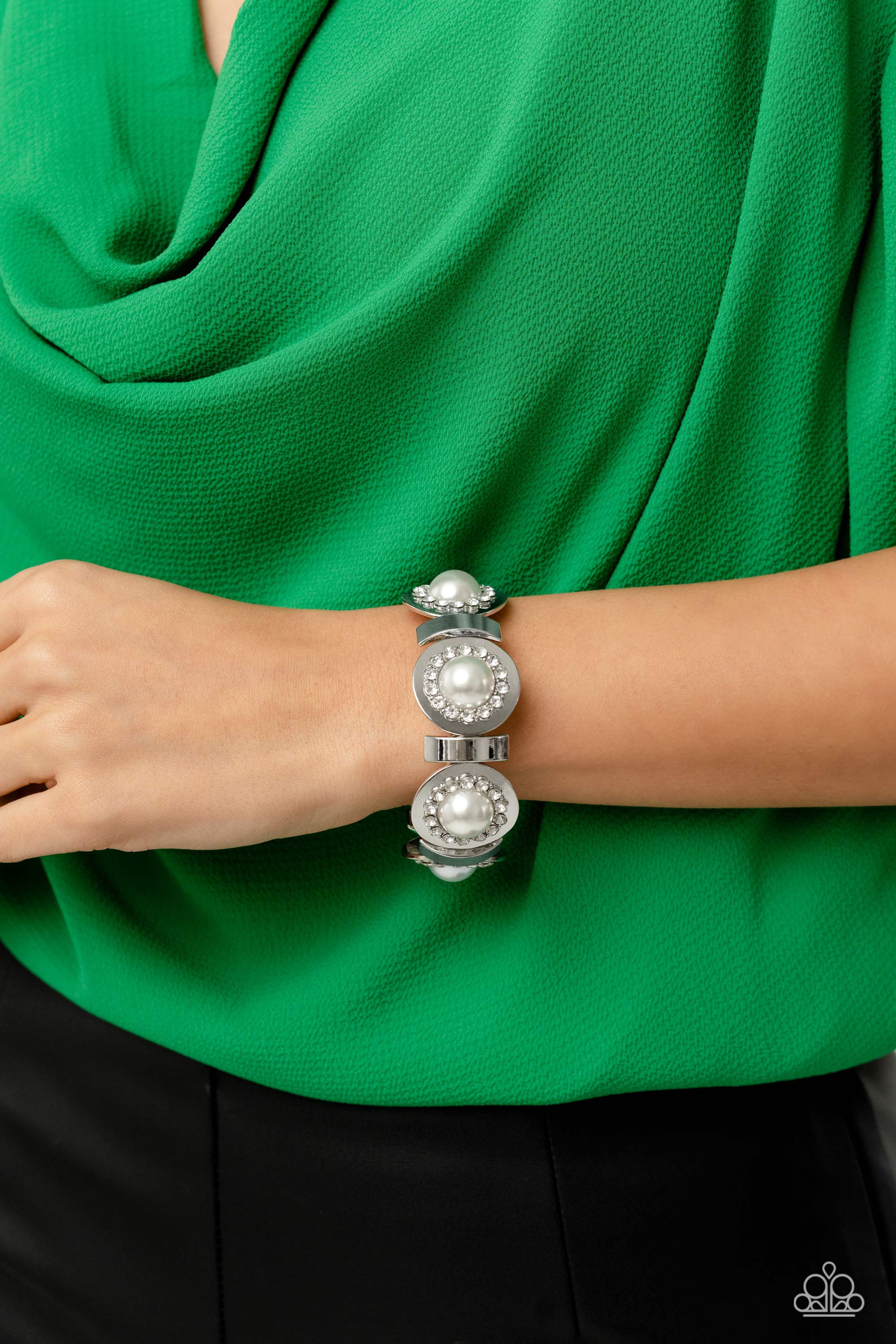 Summer Serenade White Pearl & Rhinestone Bracelet - Paparazzi Accessories- lightbox - CarasShop.com - $5 Jewelry by Cara Jewels