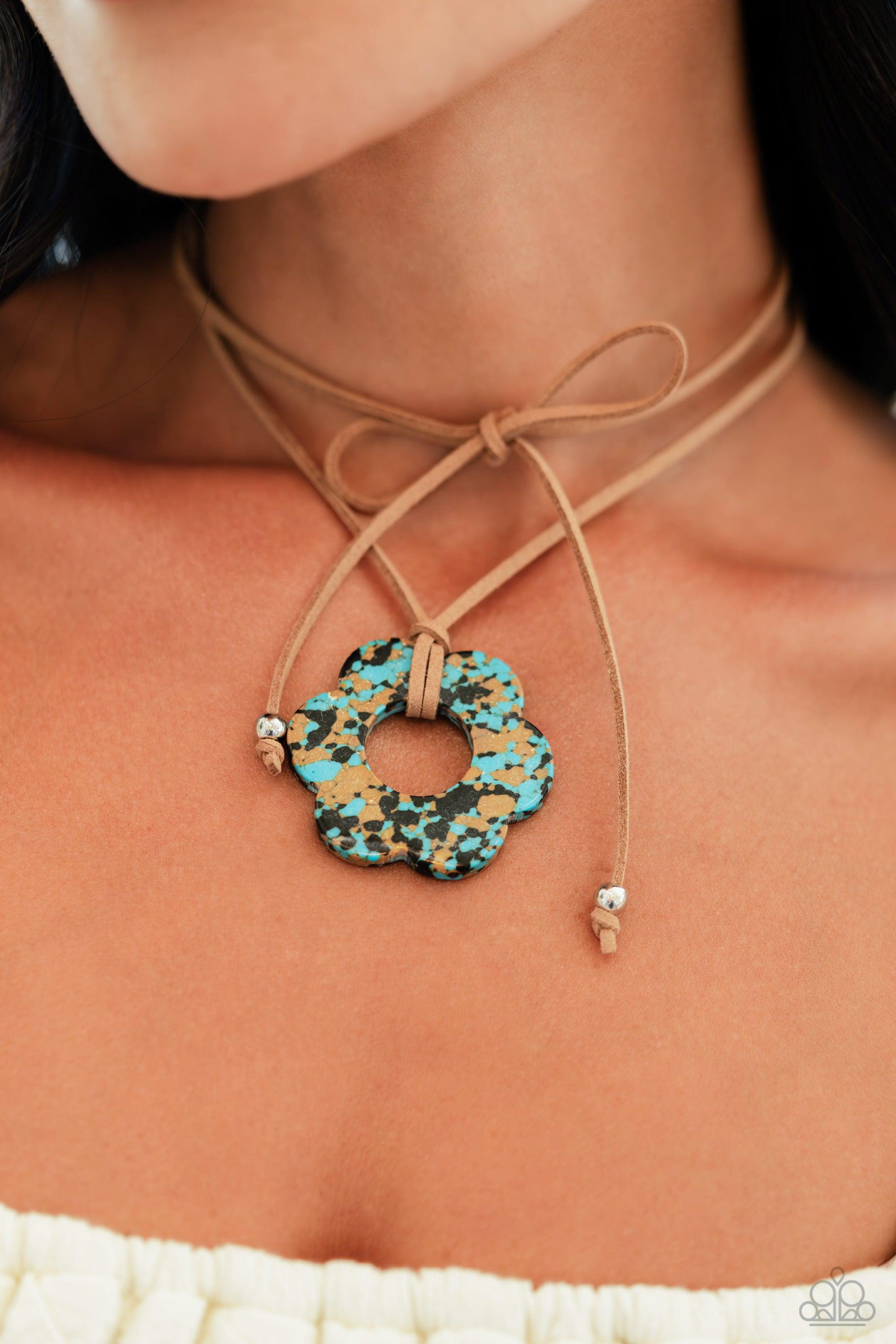 Tied Triumph Brown & Turquoise Blue Stone Flower Necklace - Paparazzi Accessories- lightbox - CarasShop.com - $5 Jewelry by Cara Jewels