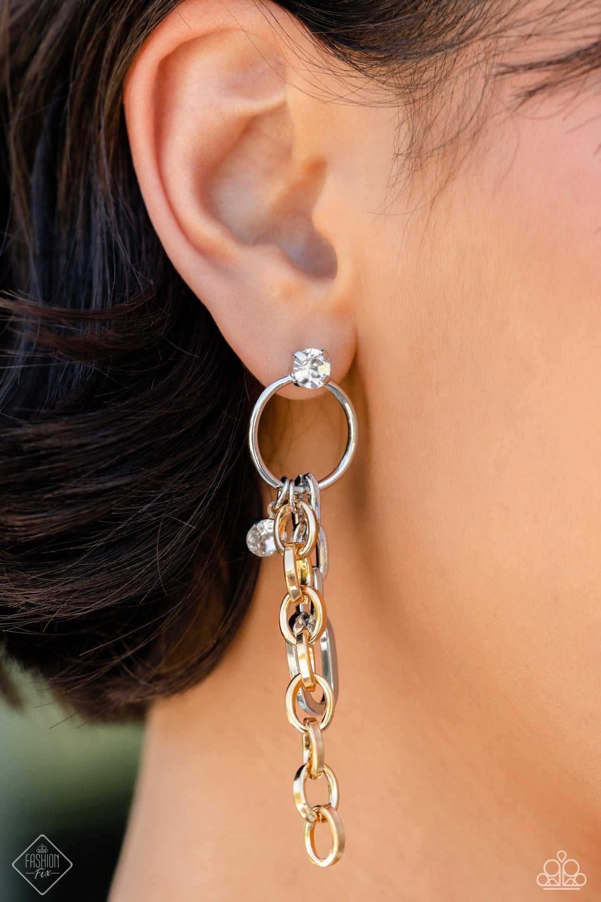 Two-Tone Trendsetter Multi Gold &amp; Silver Earrings - Paparazzi Accessories-on model - CarasShop.com - $5 Jewelry by Cara Jewels