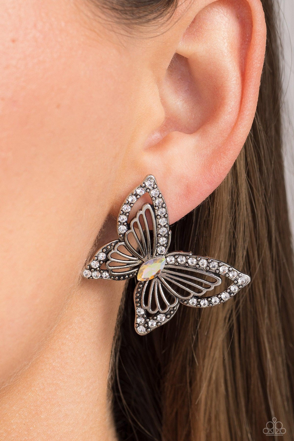 Wispy Wings Multi &amp; White Gem Butterfly Earrings - Paparazzi Accessories-on model - CarasShop.com - $5 Jewelry by Cara Jewels