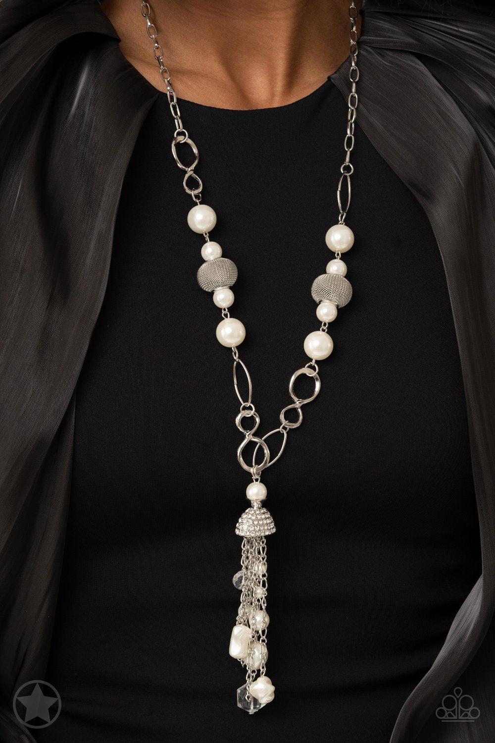 Designated Diva Long White Tassel Necklace and matching Earrings - Paparazzi Accessories - model -CarasShop.com - $5 Jewelry by Cara Jewels