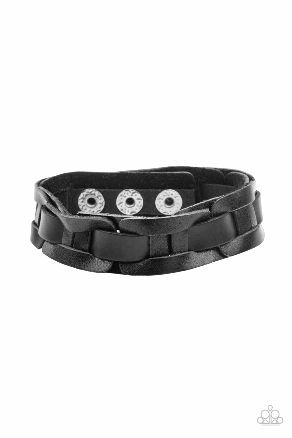 Garage Band Grunge Men&#39;s Black Leather Wrap Snap Bracelet - Paparazzi Accessories