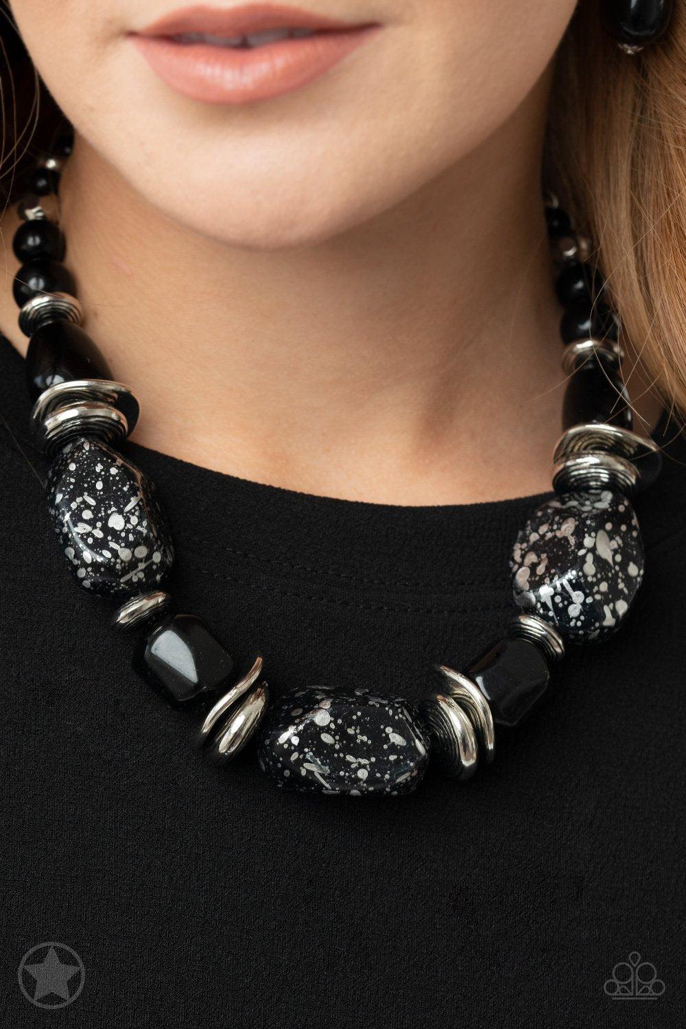 In Good Glazes Chunky Black Necklace and matching Earrings - Paparazzi Accessories - model -CarasShop.com - $5 Jewelry by Cara Jewels