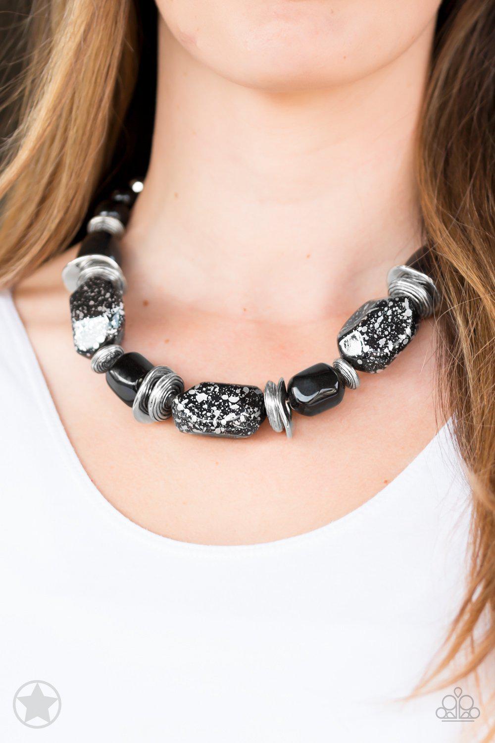 In Good Glazes Chunky Black Necklace and matching Earrings - Paparazzi Accessories- stylized on model - CarasShop.com - $5 Jewelry by Cara Jewels