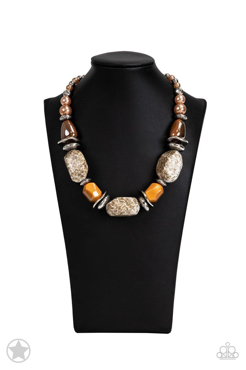 In Good Glazes Chunky Peach Necklace and matching Earrings - Paparazzi Accessories- on bust -CarasShop.com - $5 Jewelry by Cara Jewels