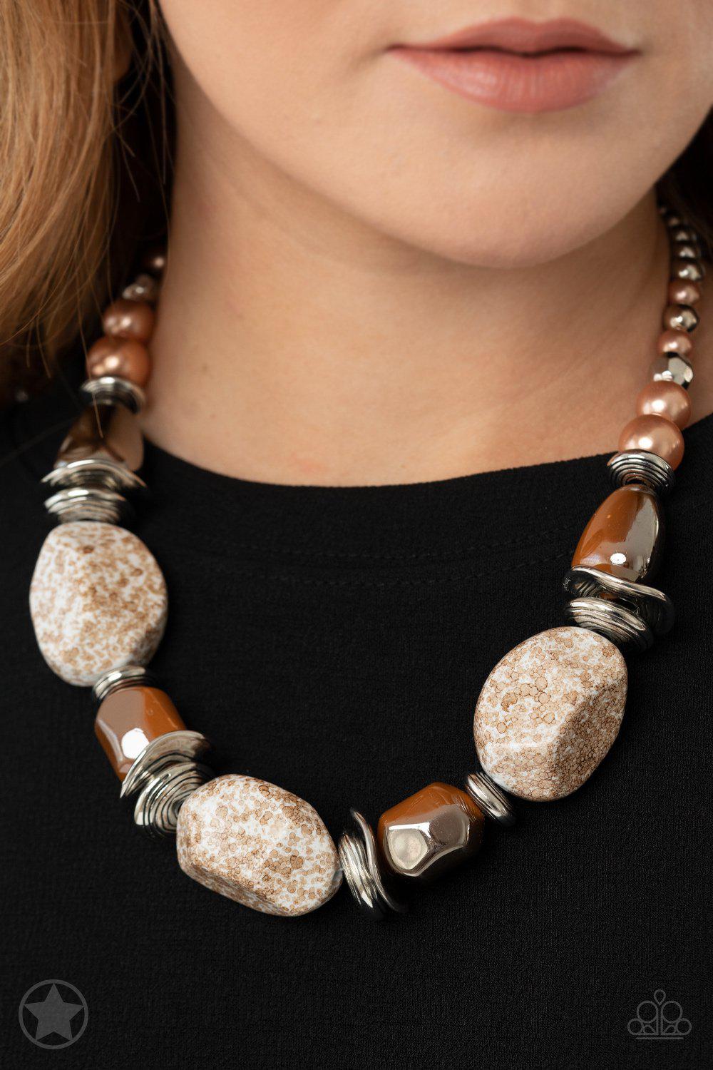 In Good Glazes Chunky Peach Necklace and matching Earrings - Paparazzi Accessories - model -CarasShop.com - $5 Jewelry by Cara Jewels