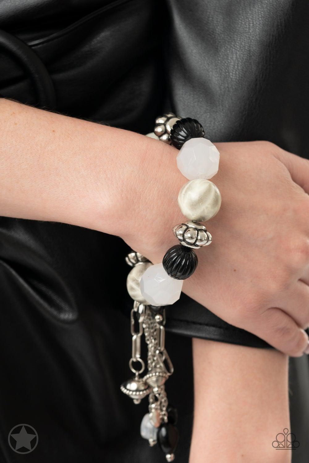 Lights! Camera! Action! Black and White Stretch Tassel Bracelet - Paparazzi Accessories - model -CarasShop.com - $5 Jewelry by Cara Jewels