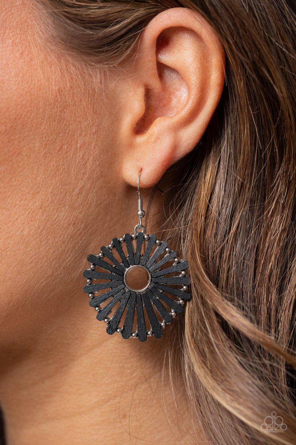 SPOKE Too Soon Black Wood Earrings - Paparazzi Accessories- model - CarasShop.com - $5 Jewelry by Cara Jewels