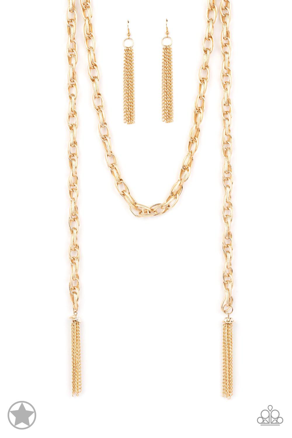 Scarfed for Attention Gold Chain Necklace and matching Earrings - Paparazzi Accessories - lightbox -CarasShop.com - $5 Jewelry by Cara Jewels