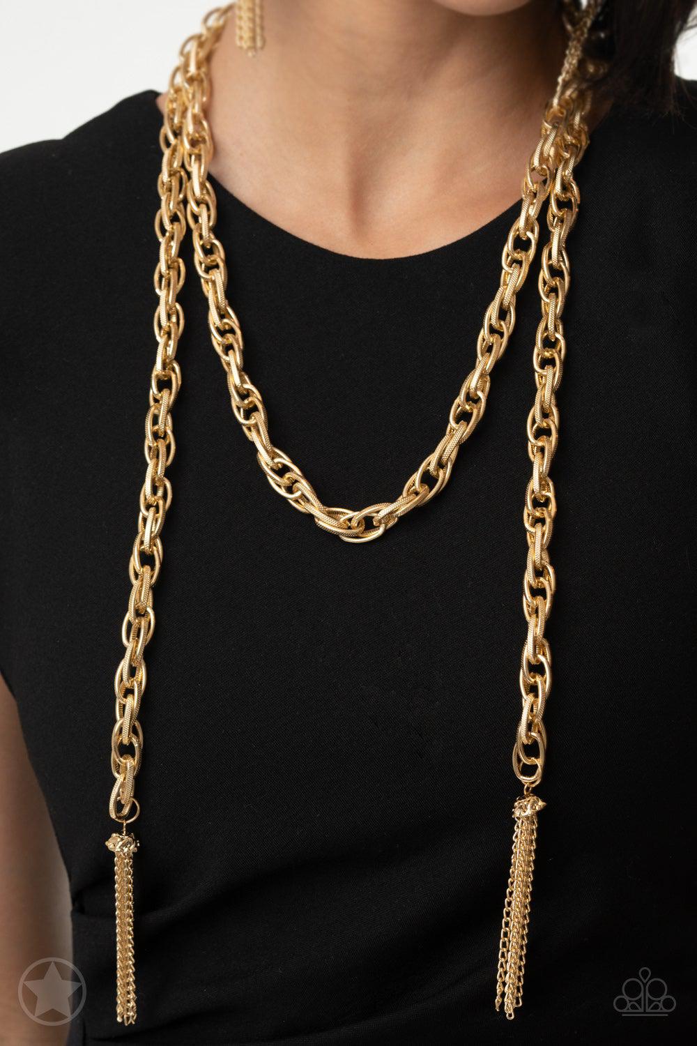 Scarfed for Attention Gold Chain Necklace and matching Earrings - Paparazzi Accessories - lightbox -CarasShop.com - $5 Jewelry by Cara Jewels
