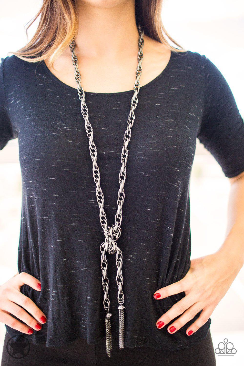 Scarfed for Attention Gunmetal Chain Necklace and matching Earrings - nautical knot style - Paparazzi Accessories-CarasShop.com - $5 Jewelry by Cara Jewels