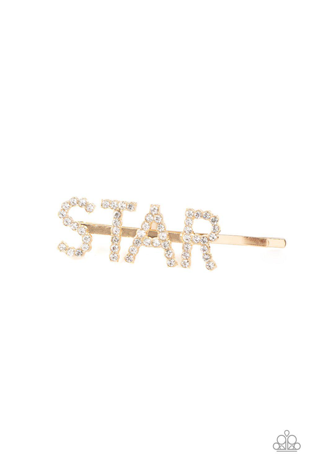 Star In Your Own Show Gold and White Rhinestone Hair Pin - Paparazzi Accessories