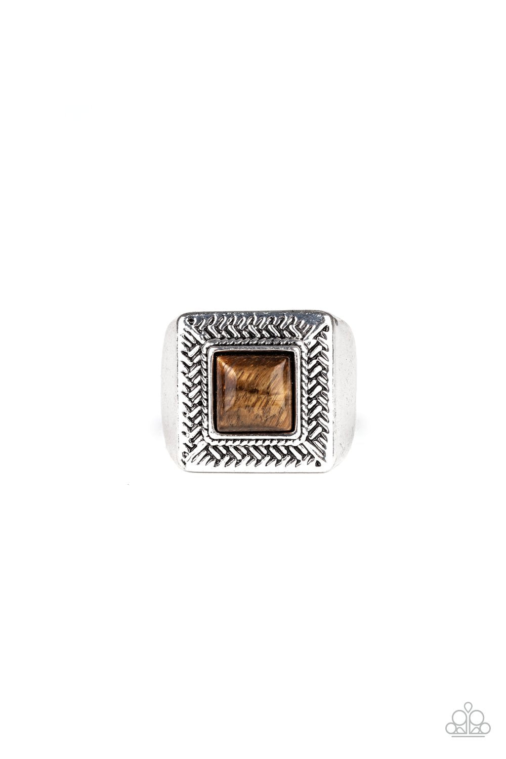 The Wrangler Men's Brown Tiger's Eye and Silver Ring - Paparazzi Accessories- lightbox - CarasShop.com - $5 Jewelry by Cara Jewels