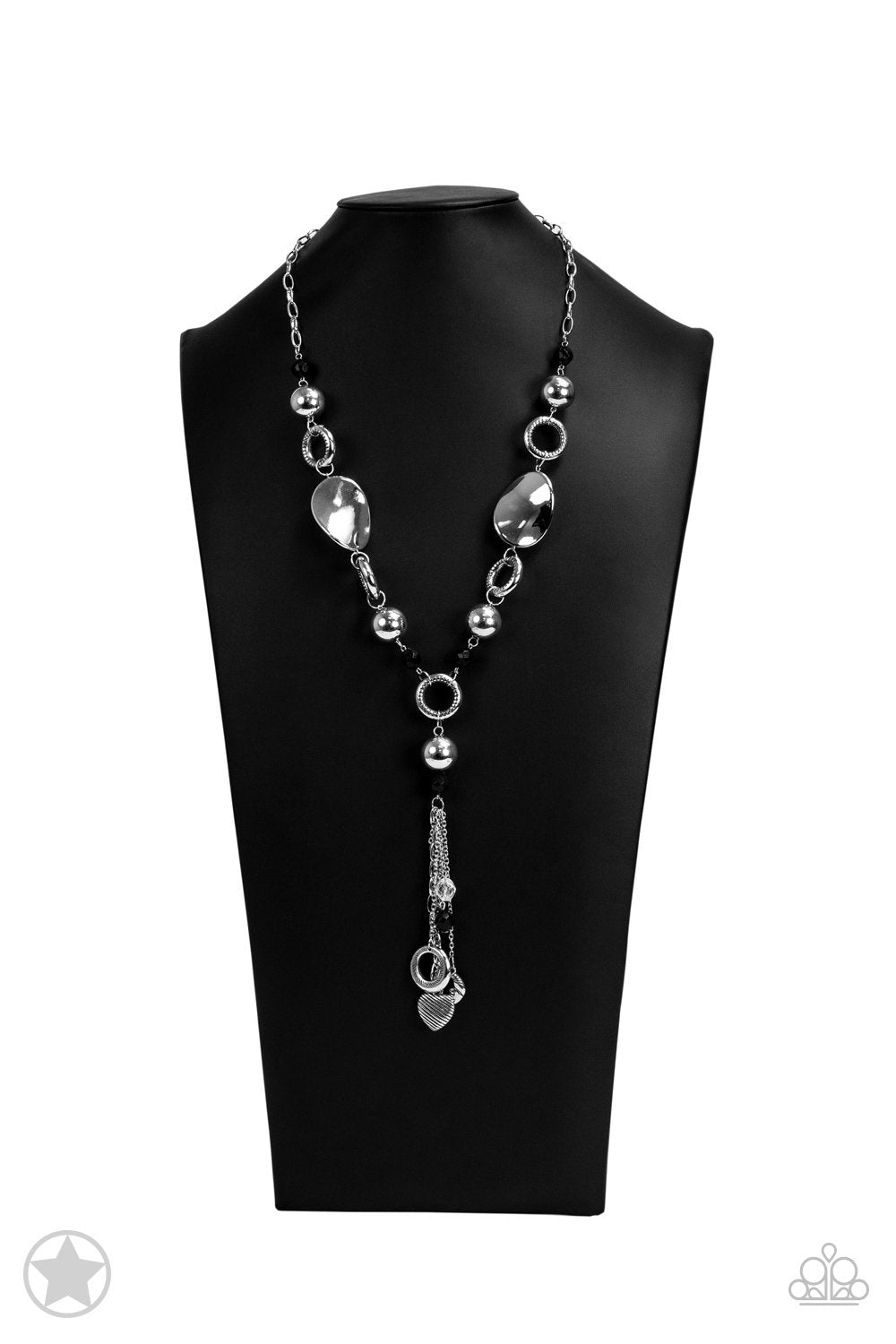 Total Eclipse of the Heart Long Silver Tassel Necklace and matching Earrings - Paparazzi Accessories- on bust -CarasShop.com - $5 Jewelry by Cara Jewels