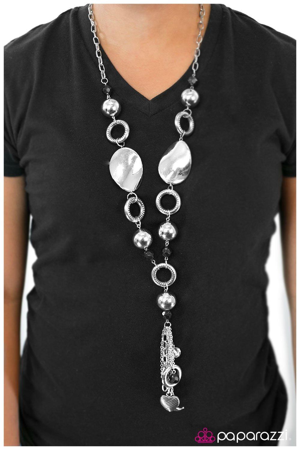 Total Eclipse of the Heart Long Silver Tassel Necklace and matching Earrings - Paparazzi Accessories - model -CarasShop.com - $5 Jewelry by Cara Jewels