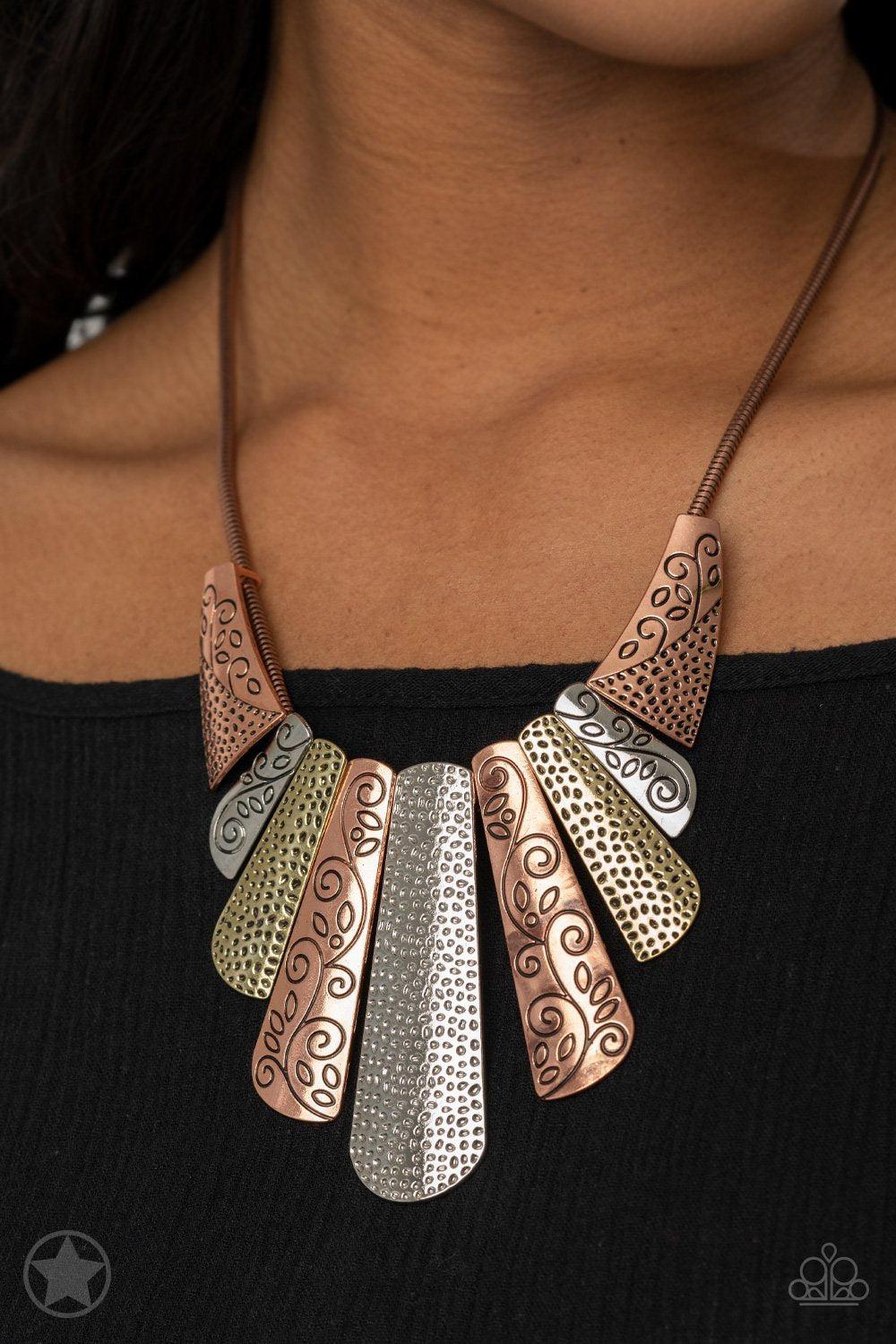 Untamed Silver Copper and Brass Statement Necklace and matching Earrings - Paparazzi Accessories - model -CarasShop.com - $5 Jewelry by Cara Jewels